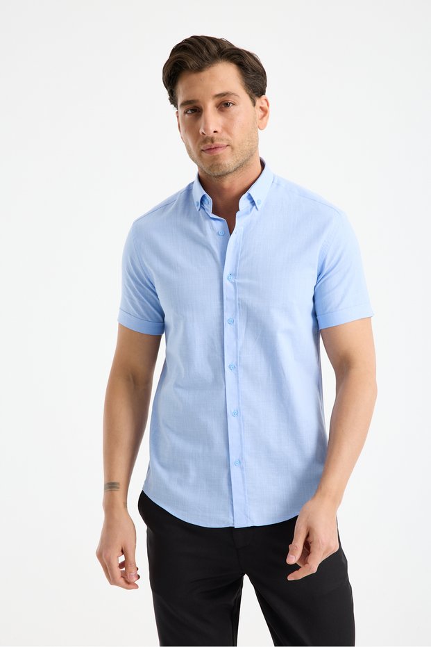 Short Sleeve Flam Linen 100% Cotton Slim Fit Men's Shirt