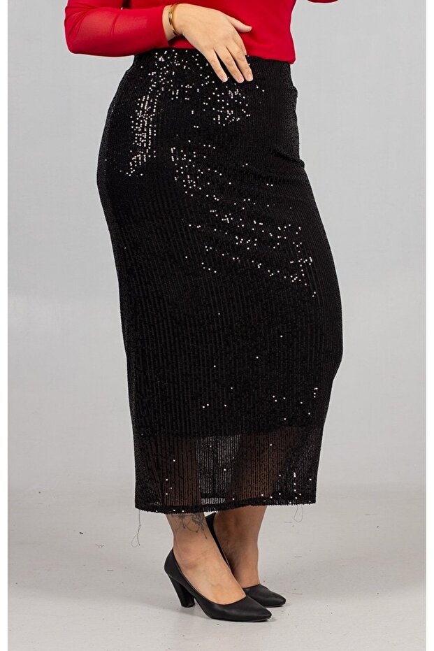 Black Sequin Long Pencil Skirt Lined Stylish Model