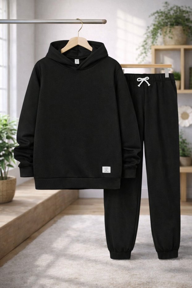Black Hooded Children's Girls and Boys Cute and Cool Casual 2-Piece Bottom Top Set