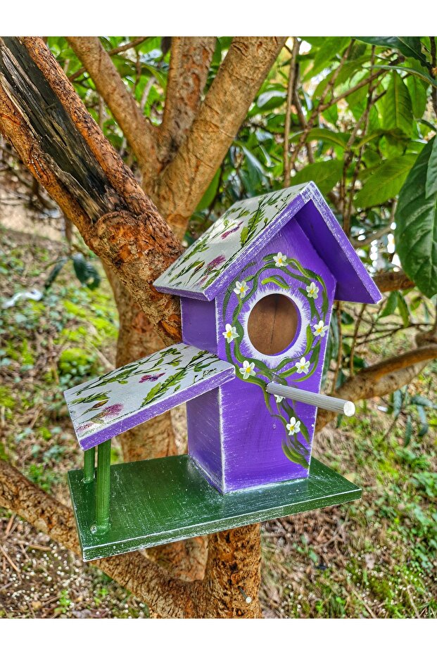 Handmade, Purple, Bird Nest with Terrace/Feeder, Garden Balcony Tree Decor