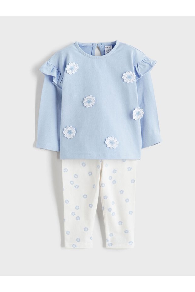 Blue Floral Embroidered Baby Girl Blouse and Leggings