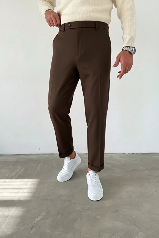 Bitter Brown Short-Tongue Double-Legged Italian Cut Gabardine Fabric Trousers