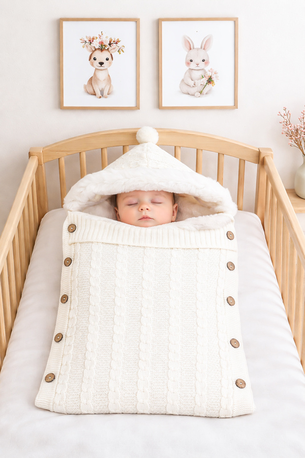 Baby Girl Boy Buttoned Cream Swaddle Blanket Newborn Gift Stl7153