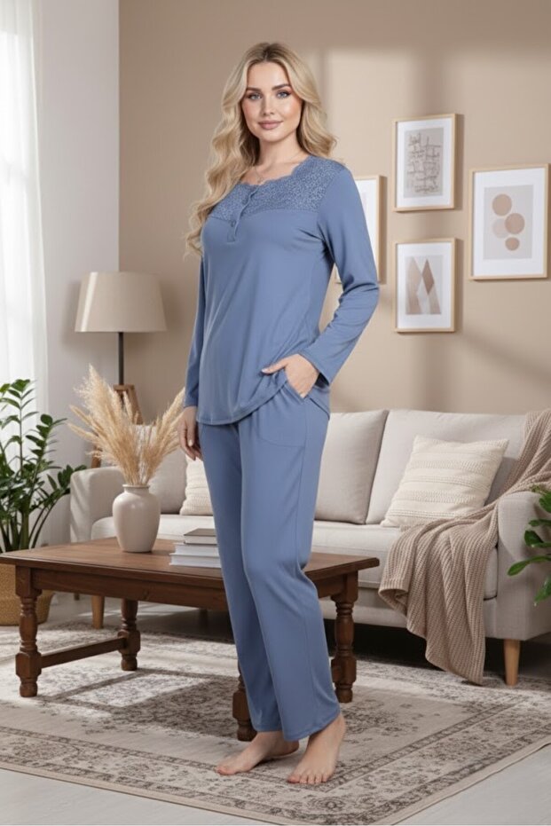 Women's Indigo Lace Button Detailed Special Design Long Sleeve Plus Size (Oversized) Pajama Set