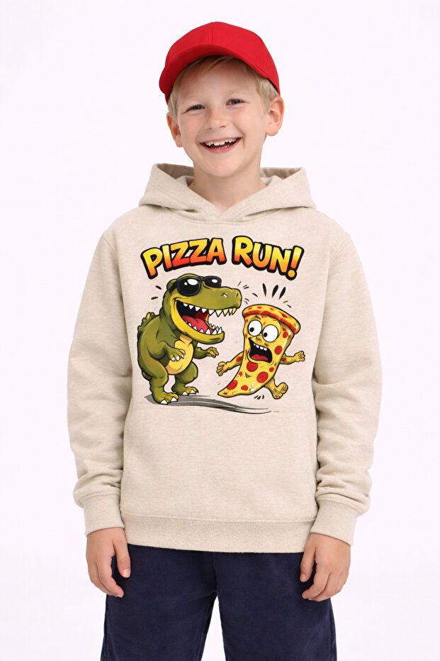 Pizza Run Printed 3 İplik Ş Fleece-Lined K Hooded Children's Sweat