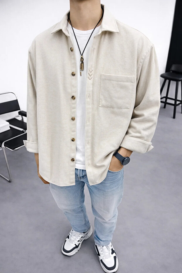 Oversize Handcrafted Detailed Cotton Cashmere Off-White Shirt