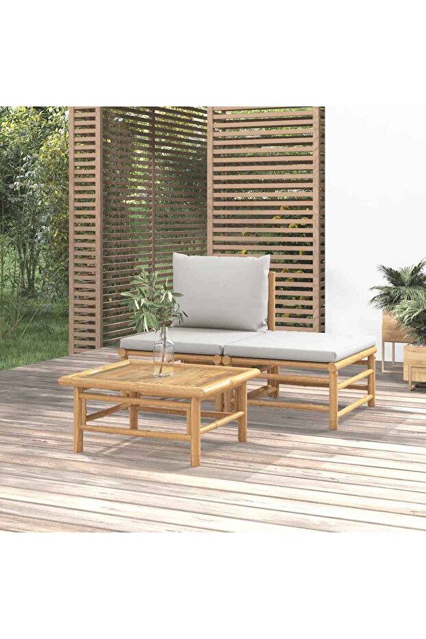 3 Piece Garden Lounge Set with Light Grey Cushions Bamboo