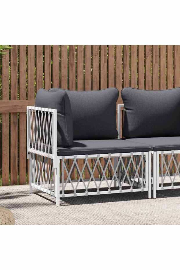 Garden Corner Sofa with Cushions White Woven Fabric