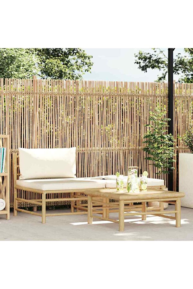 3 Piece Garden Lounge Set with Cream White Cushions Bamboo