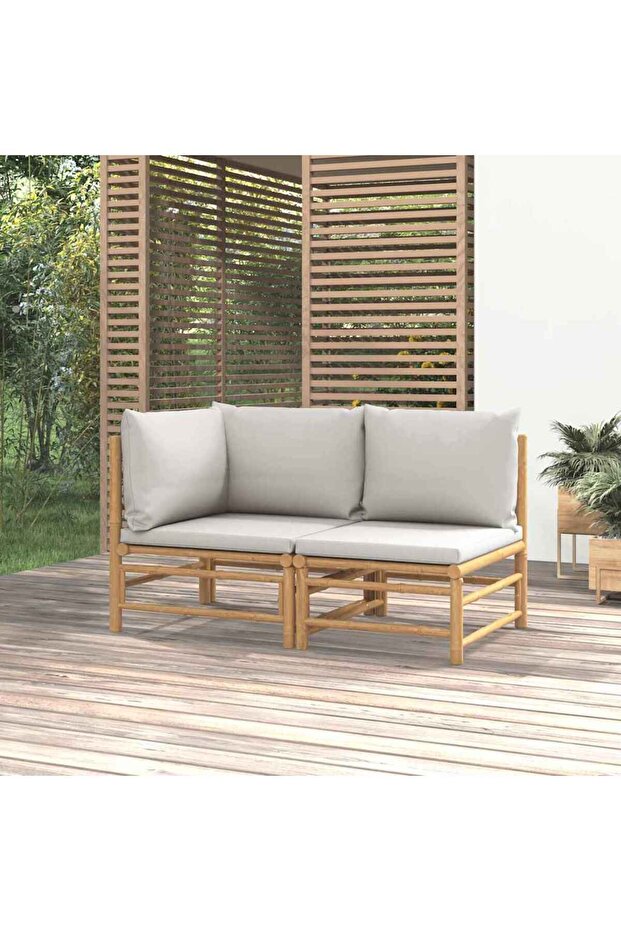 2 Piece Garden Lounge Set with Light Grey Cushions Bamboo