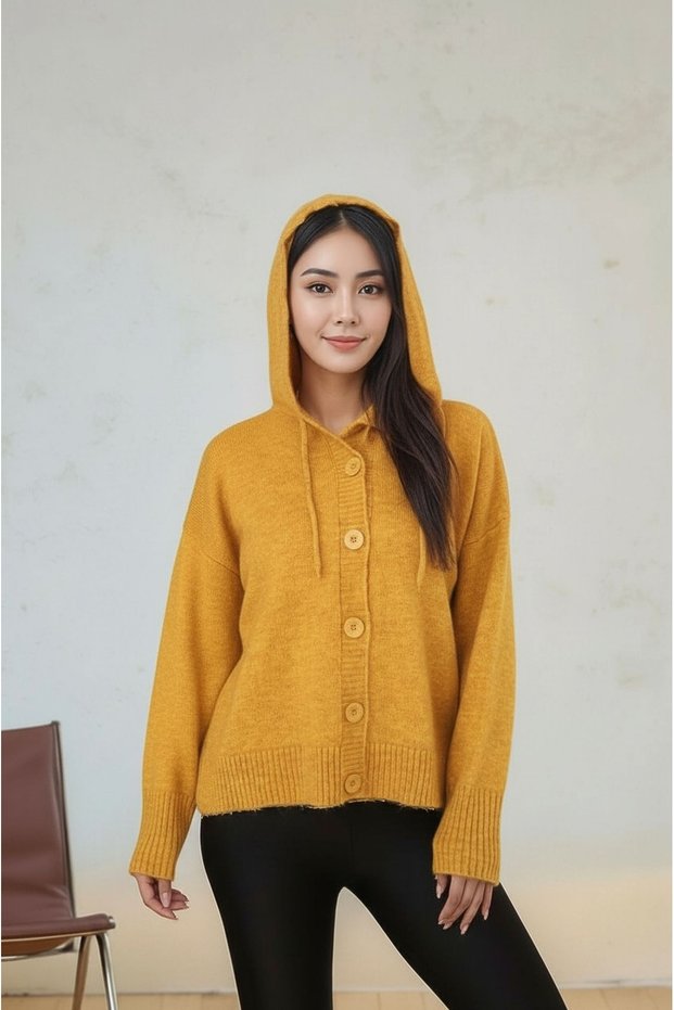 Women's Hooded Front Buttoned Soft Knitwear Winter Jacket Suitable for Sporty and Stylish Hijab