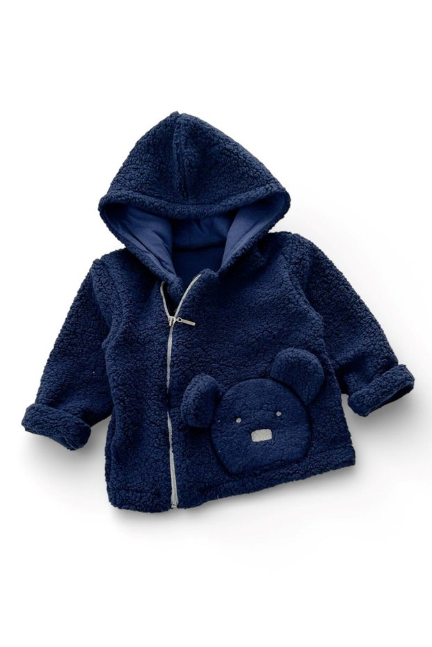 Baby Boy 1-2-3 Years Old, Teddy Bear Embroidered, Zipper Detailed Lamb Cardigan, Jacket, Fleece Cardigan Jacket