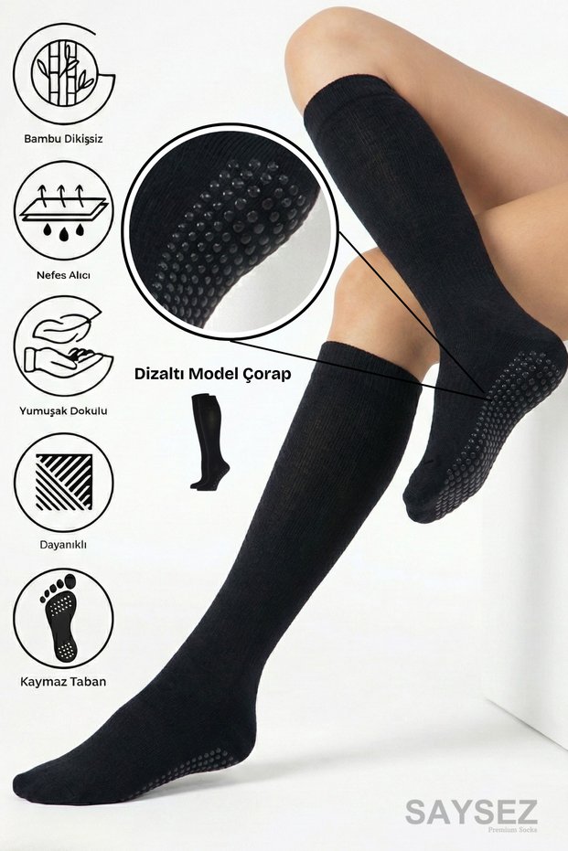 Bamboo Non-Slip Sole Silicone Hajj Umrah Tawaf Pregnant Pilates Yoga Below-Knee Black Long Socks