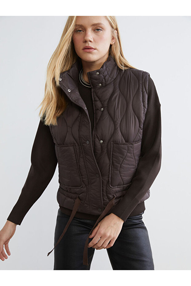 Brown Mock Neck Quilted Oversized Women's Puffer Vest