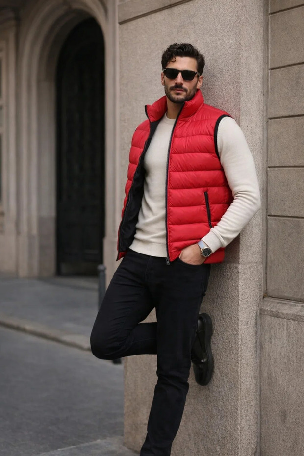 Erkek Kışlık Premium Basic Astarlı Kırmızı Şişme Yelek - 3