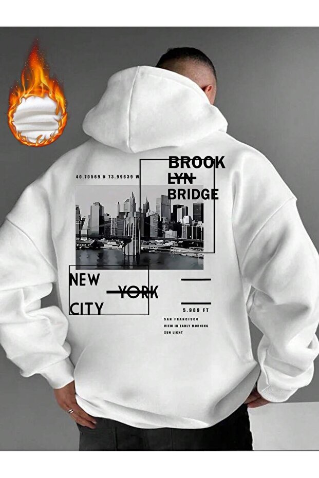 Men's Brooklyn Bridge Printed 3 Thread Hoodie Sweatshirt