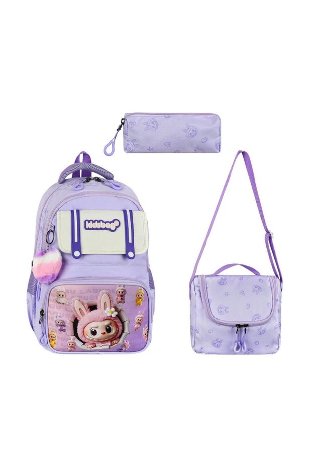 Primary School Girl's Bag Set of 3 Labubu-Like 40*30 cm Lunch Box Pencil Case Orthopedic