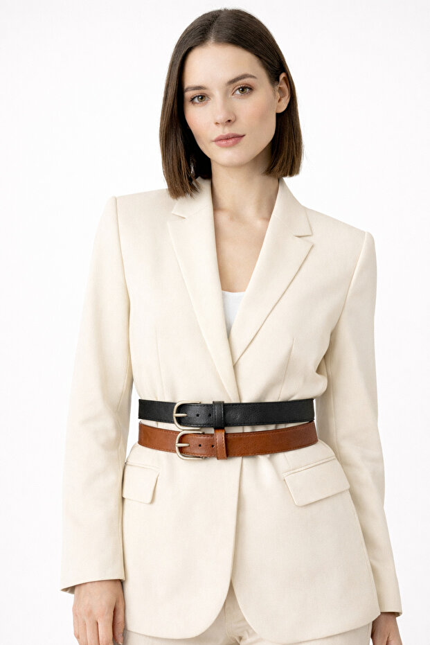 Women's 2-Piece Stacking Belt Set – Black & Dark Tan – 3 cm Width – Durable Faux Leather New Season