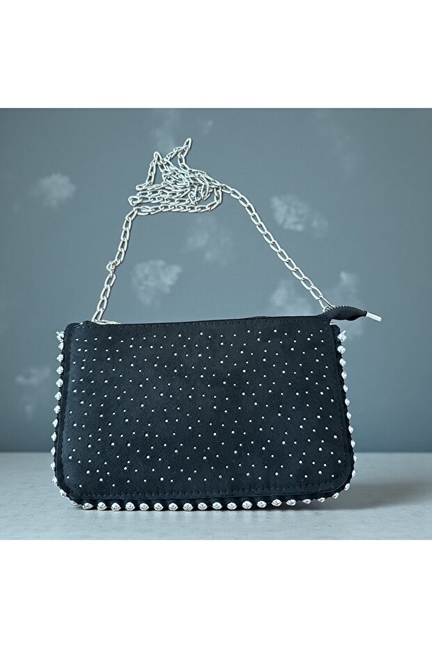 Women's Shoulder Bag with Chain Strap, Stone Detail, Black Compartments
