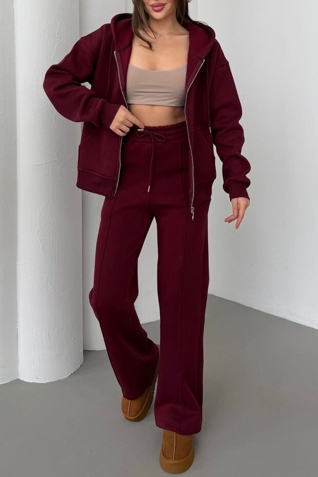 Fleece Relaxed Fit Hooded Zip-Up Burgundy Tracksuit Set