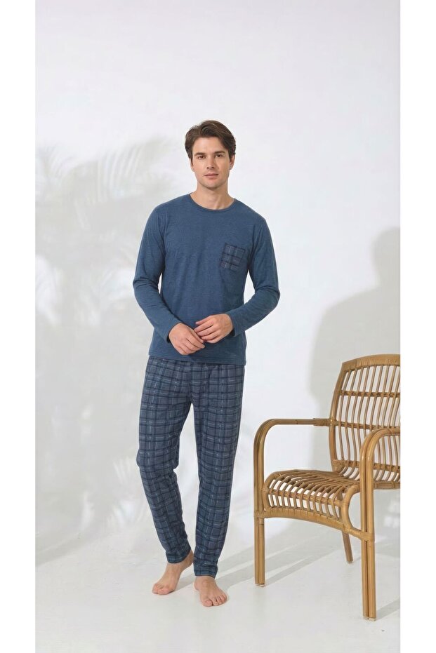 Men's Pajama Set Long Sleeve Top with Pocket Blue Plaid Bottom Cotton Comfortable Home Wear
