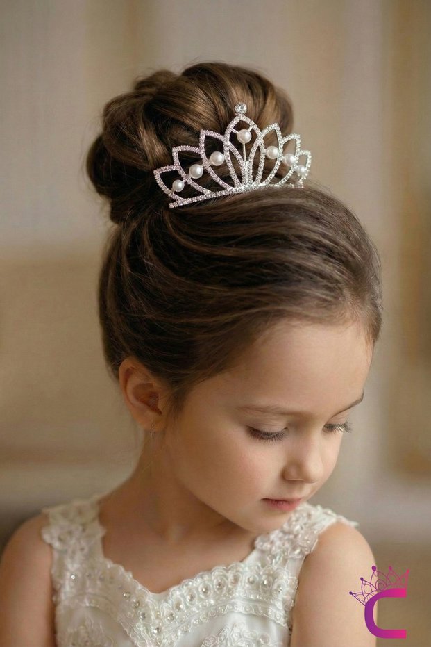 Scalloped Girl's Princess Crown Pearl Zircon Stone Hair Bun Clip - Wedding Engagement Birthday Crown