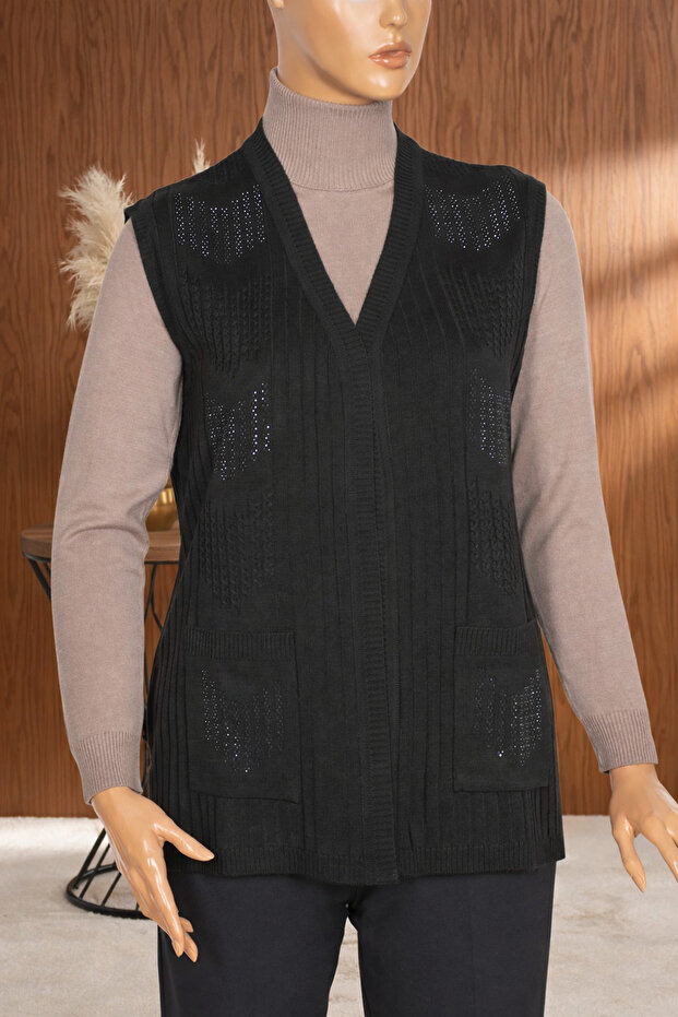 Women's Nida Shoulder Pocket Stone Corded Fabric Knitwear Quality Black Vest