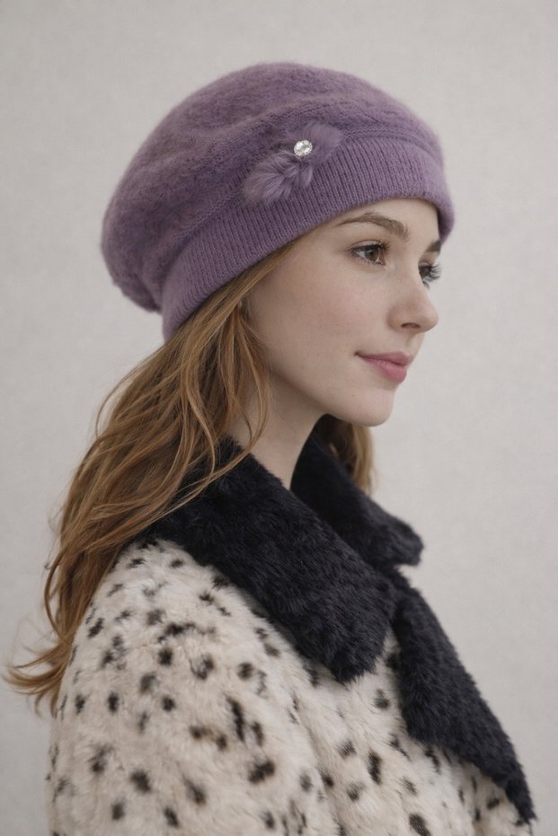 Women's Purple Wool Texture Hat with Stone Brooch Detail - Stretchy Soft Angora