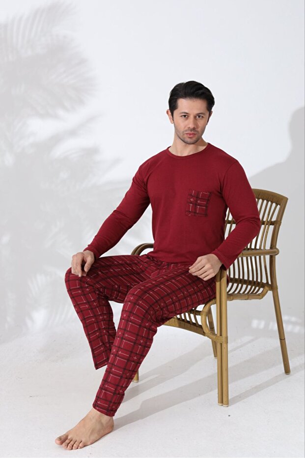 Men's Pajama Set Long Sleeve Top with Pocket Burgundy Plaid Bottom Cotton Comfortable Home Wear