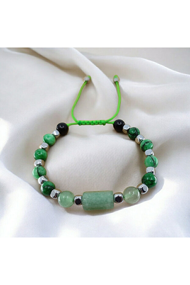 6 mm Ceyt and Cylinder Aventurine Stone Knitted Macrame Bracelet with Hematite Stone