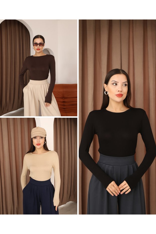 Women's 3-Piece Women's Long Sleeve Crew Neck Stretch Fabric Combed Cotton Bodysuit