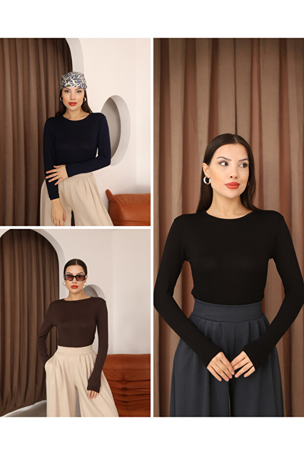 Women's 3-Piece Women's Long Sleeve Crew Neck Stretch Fabric Combed Cotton Bodysuit