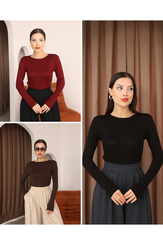 Women's 3-Piece Women's Long Sleeve Crew Neck Stretch Fabric Combed Cotton Bodysuit