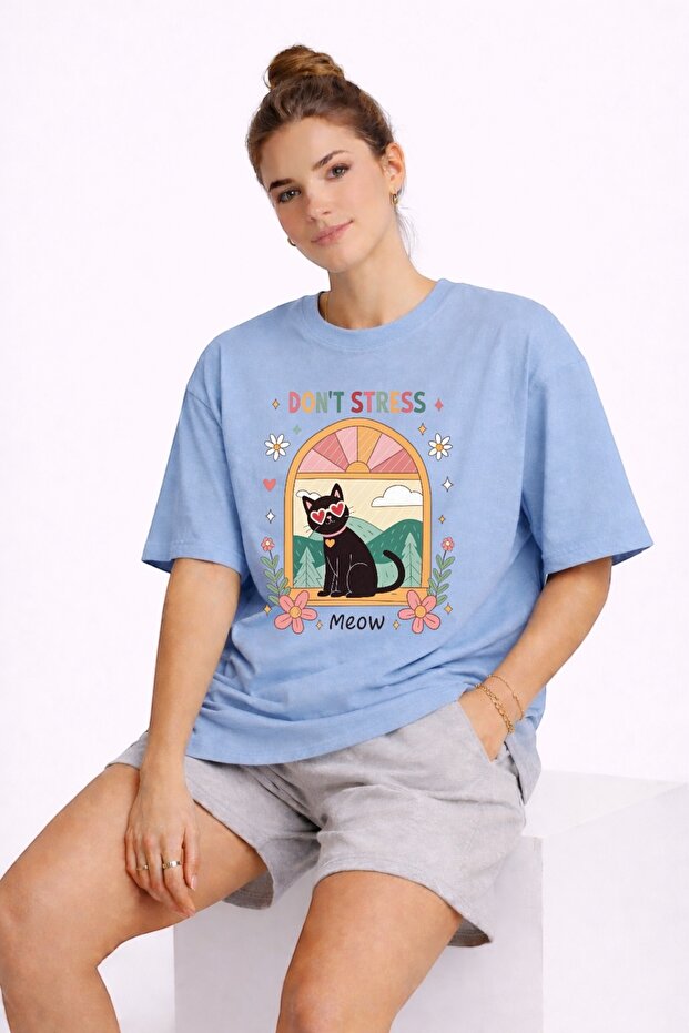 Don'T Stress Cat Printed Unisex Colorful T-Shirt