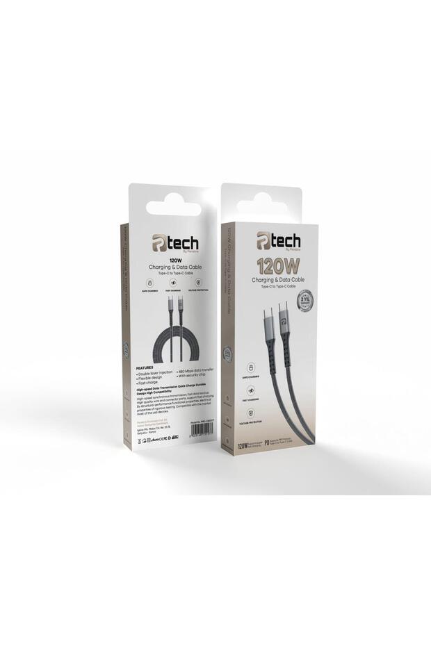 كابل Ptech 120 وات من النوع C إلى النوع C PD محمي بالقش متوافق مع سامسونج وريدمي وآيفون