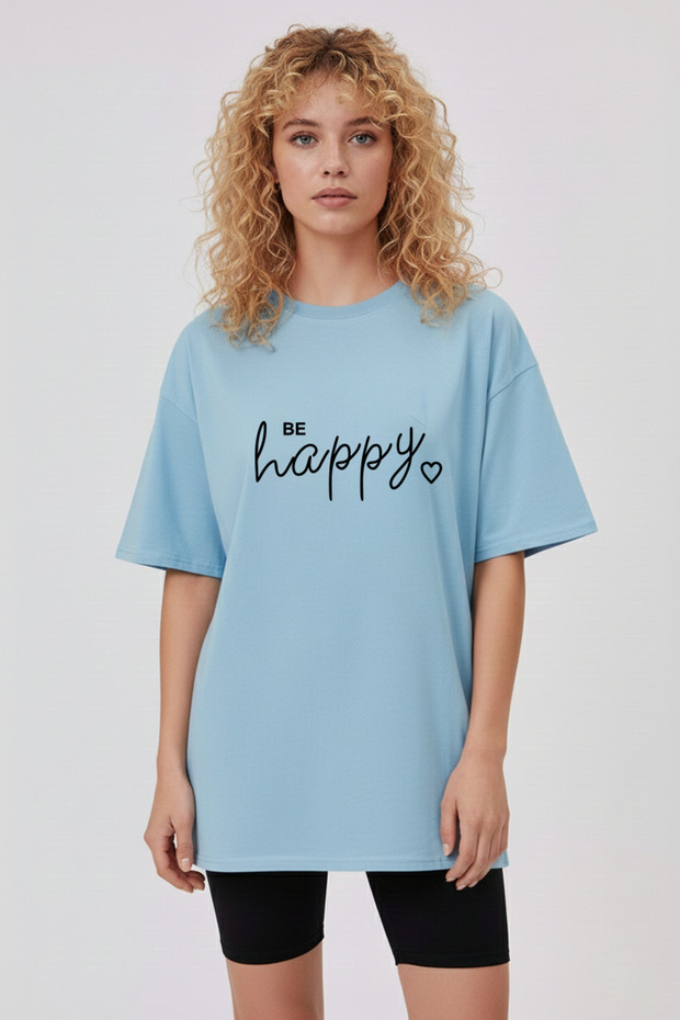 تيشيرت Be Happy منقوش عادي مصنوع من القطن بنسبة 100%
