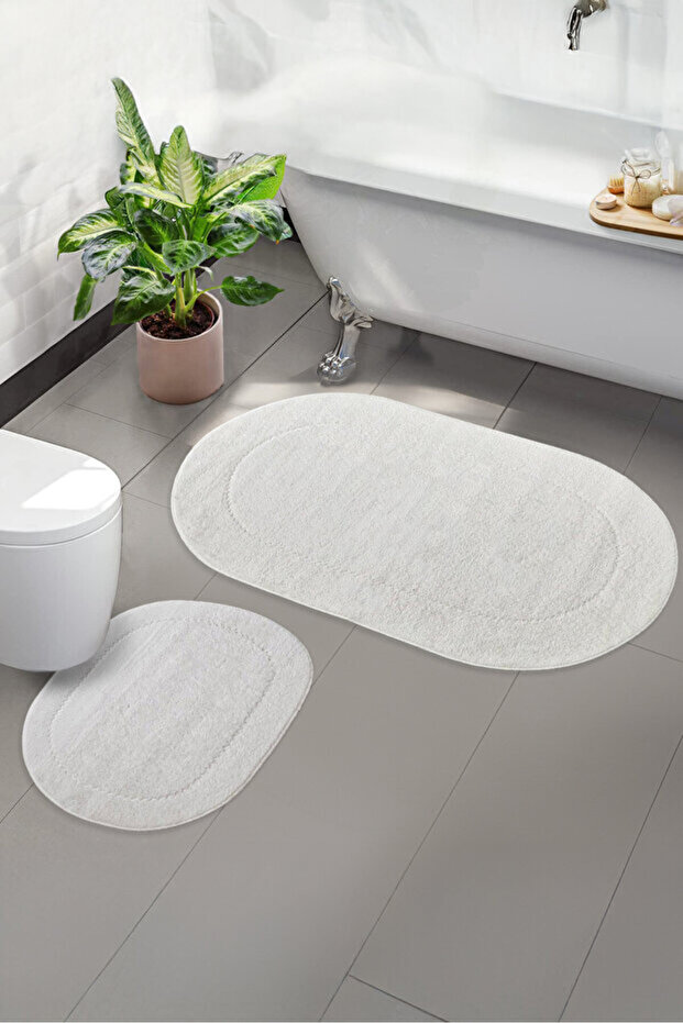 Cream Oval Bath Mat Set of 2, Leather and Non-Slip Base, Soft Textured, Machine Washable