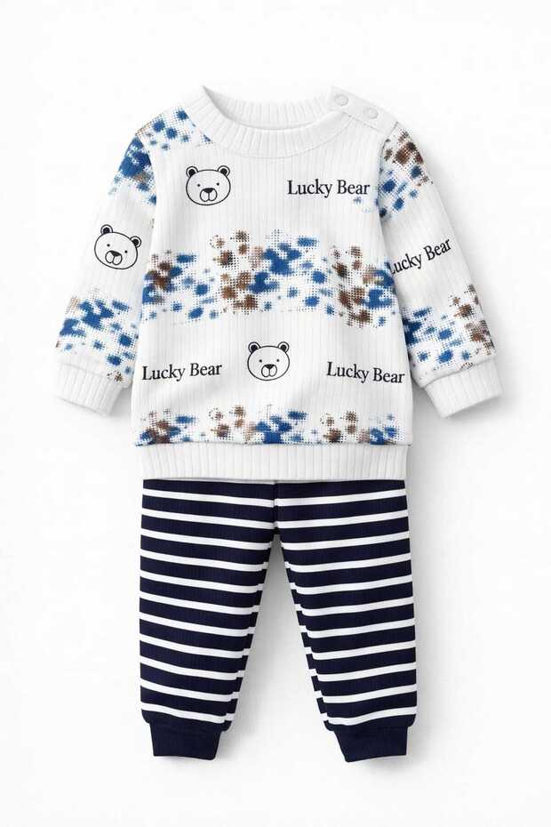 Lucky Bear Printed Unisex Cotton Baby Set Long Sleeve Top Striped Bottom
