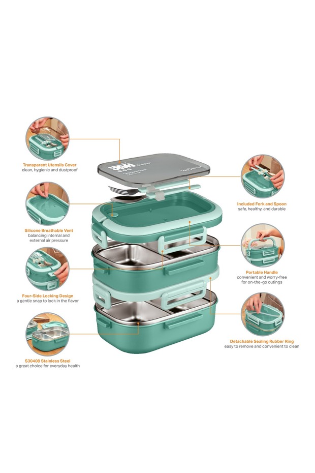 YAH Premium Stainless Steel Bento Lunch Box, 2-Layer Leakproof Food 1.65L w/ Stainless Steel Cutlery