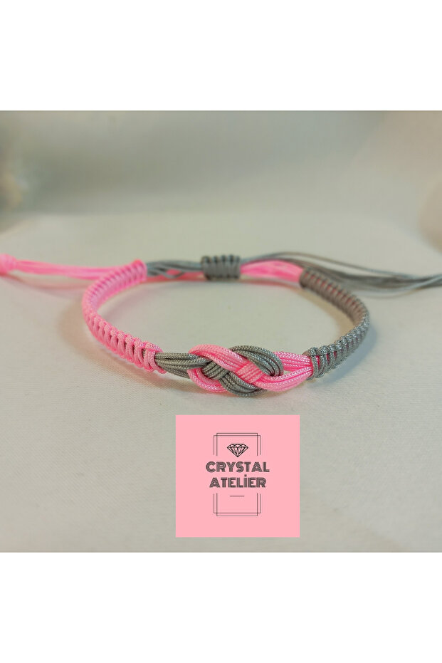 Pink Gray Infinity Knot Macrame Bracelet – Handmade Adjustable Meaningful Lucky Bracelet