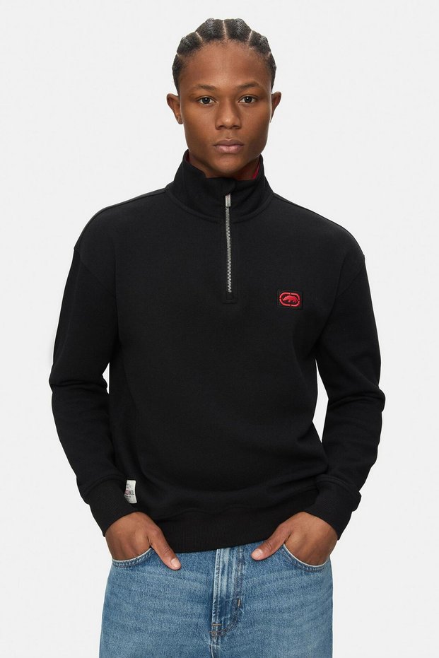 Cypress Black Mock Neck Half Zipper Embroidered Loose Fit Sweatshirt