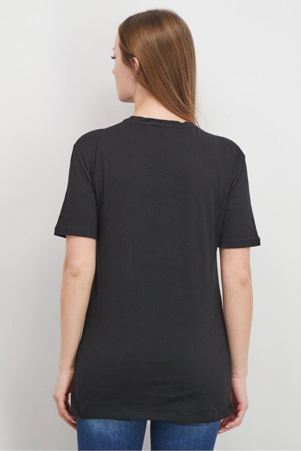 Women V-neckline Short Sleeve Plain T-shirt, Black - 2