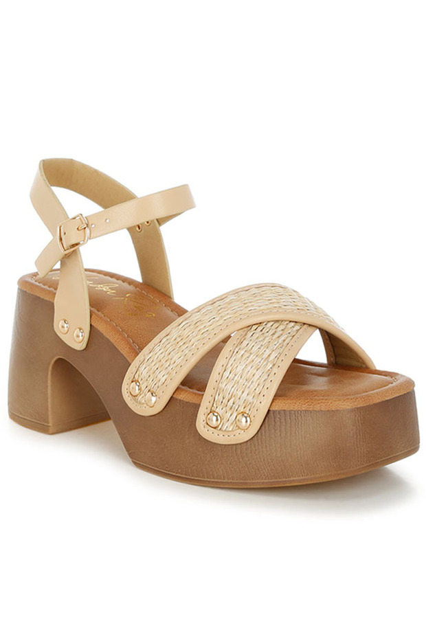 Women Studded Raffia Clog Sandals in Natural