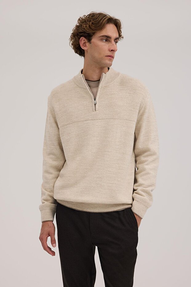 Beige Slim Fit Zippered Knitwear Sweater