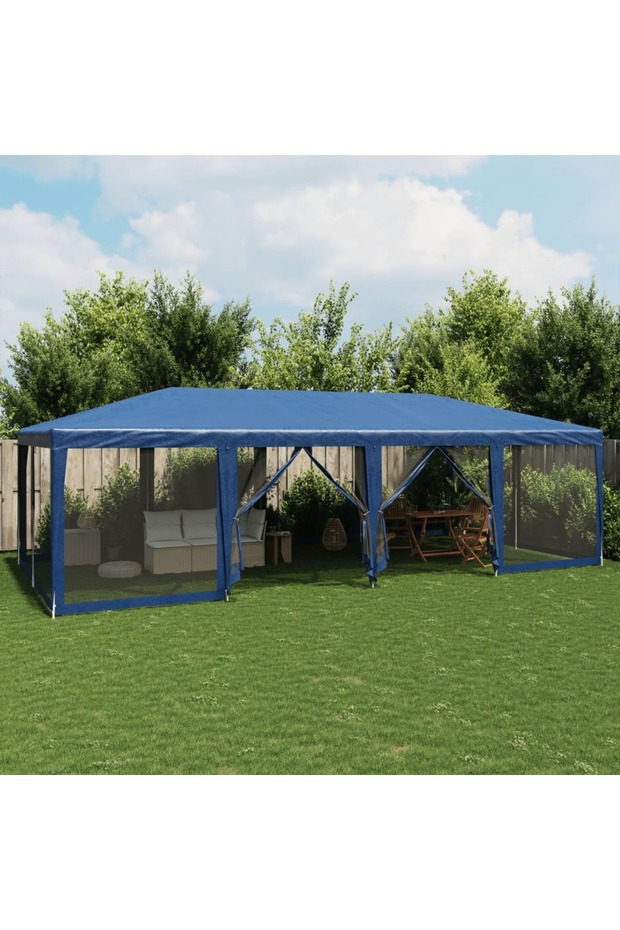 Party Tent with 12 Mesh Sidewalls Blue 8x4 m HDPE