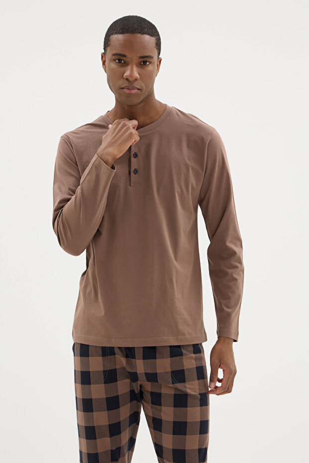 100% Cotton New Season 2026 4 Seasons Midi Collar Men's Pajama Set