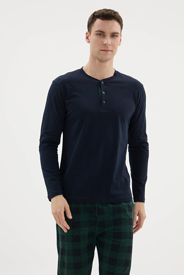 100% Cotton New Season 2026 4 Seasons Midi Collar Men's Pajama Set
