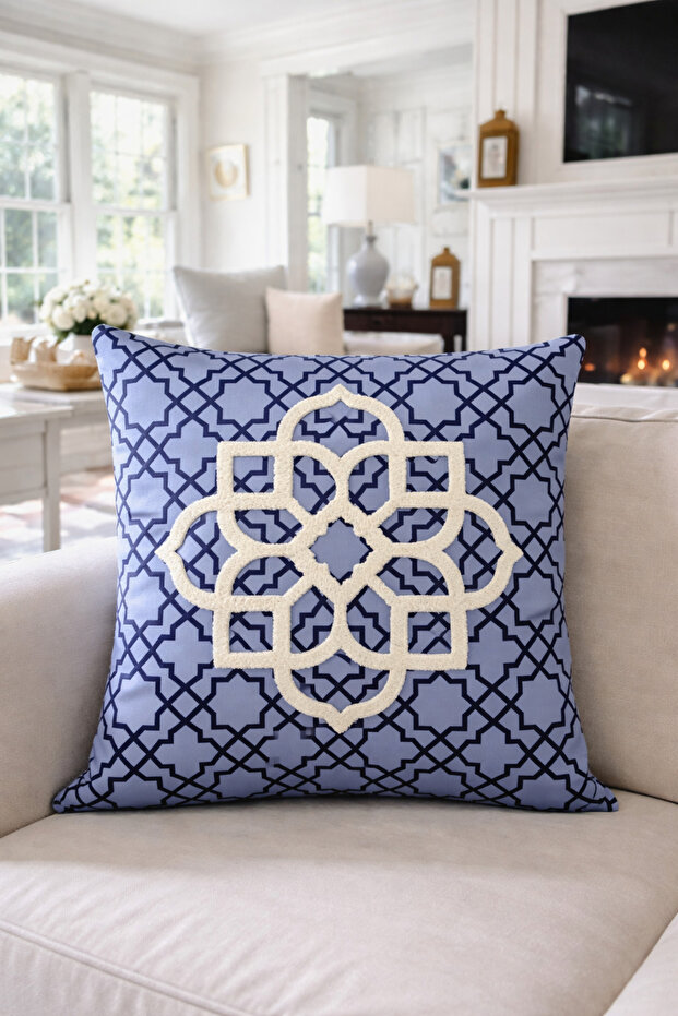 Punch Embroidered Throw Pillow Cover - 43*43 cm - Light Blue Motif - Pnk001