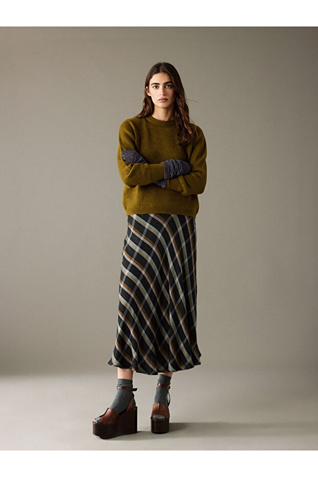 Brown Zippered Ruffled Plaid Skirt