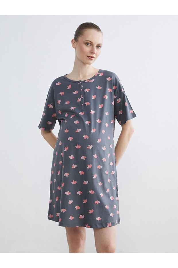 Gray Crew Neck Heart Patterned Women's Nightgown